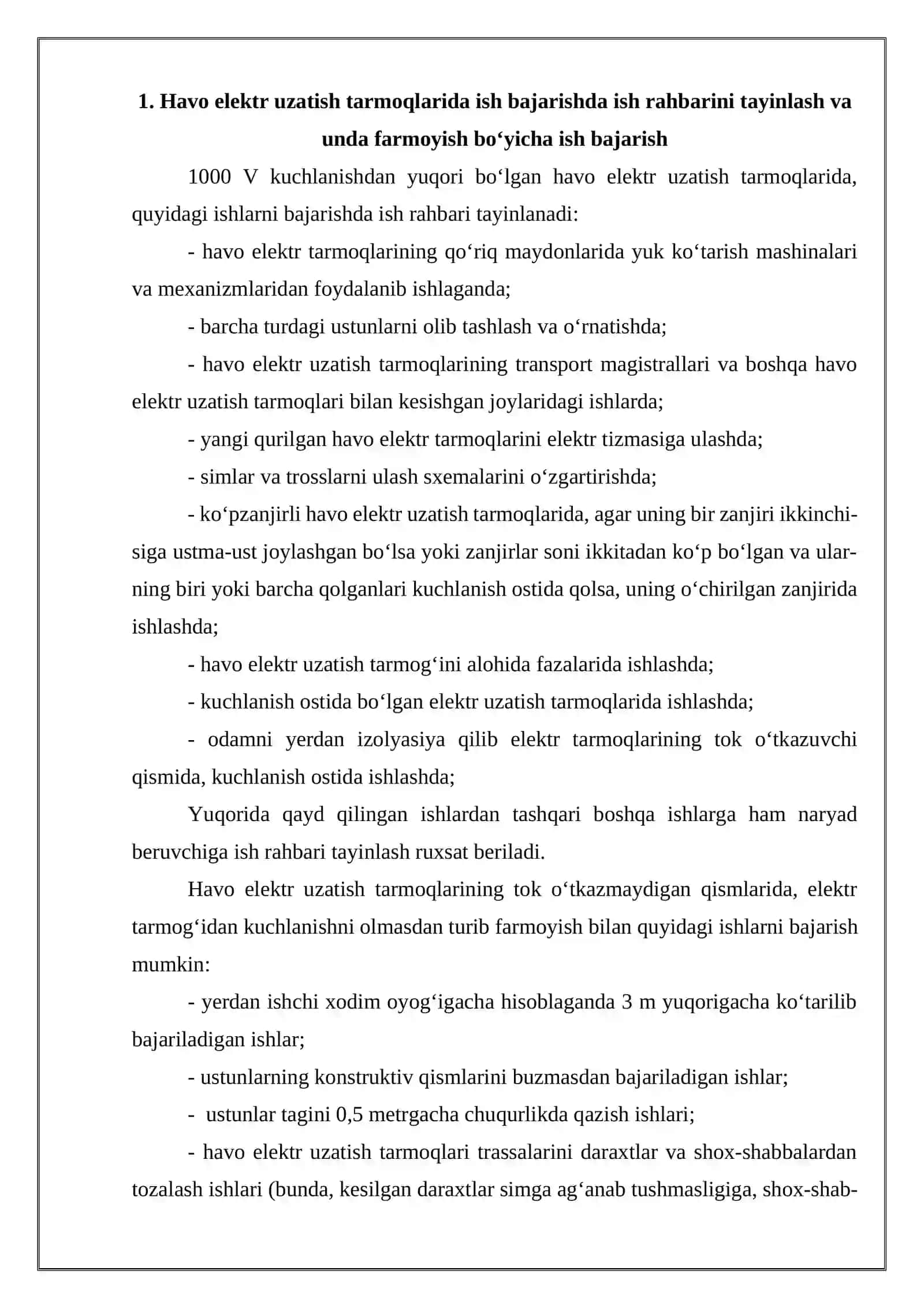 Havo elektr uzatish tarmoqlarida ish bajarishda ish rahbarini tayinlash 3