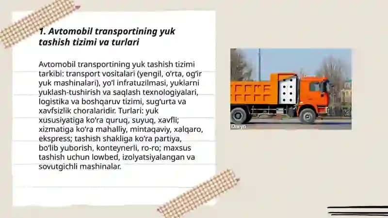 Avtomobil transportida yuk tashishning oʻziga xos xususiyatlari 3