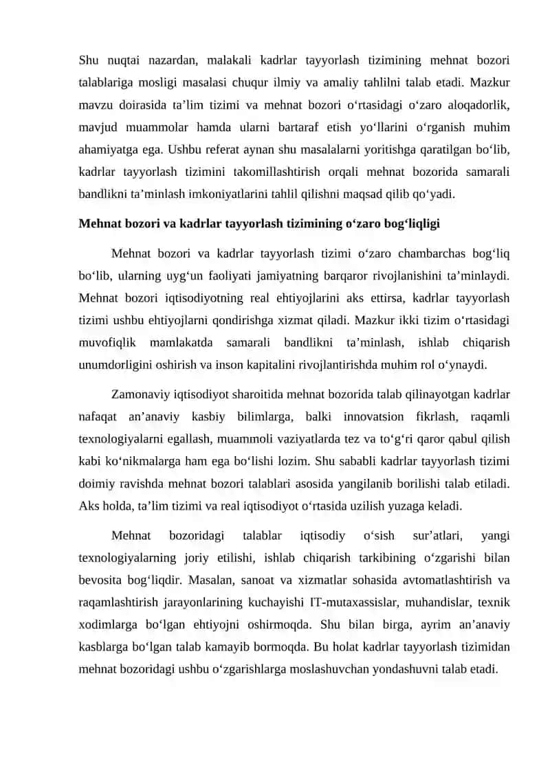 MALAKALI KADRLAR TAYYORLASH TIZIMINING MEHNAT BOZORI TALABLARIGA MOSLIGI 3