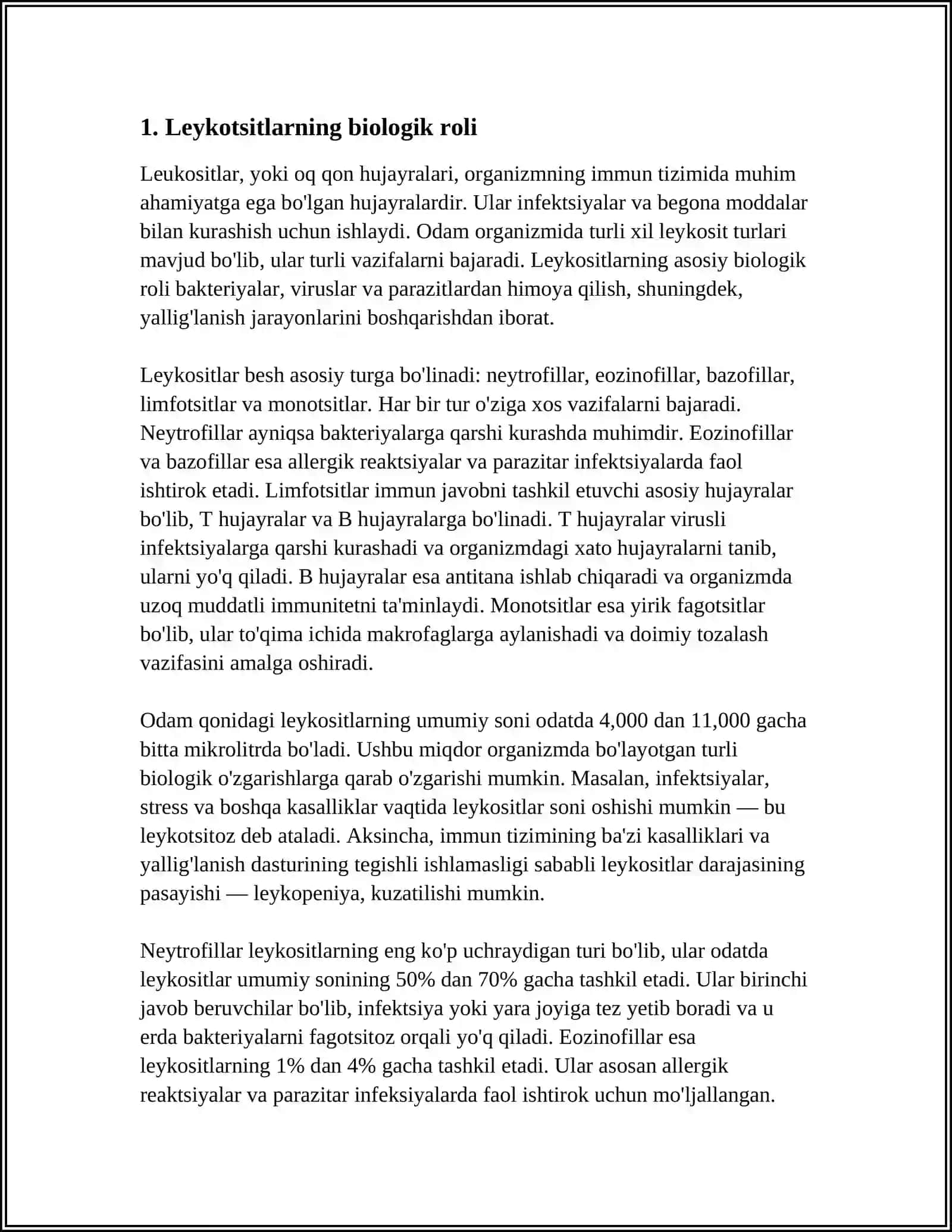 MUSTAQIL ISH Mavzu: LEYKOSITLAR ROLI, LEYKOSITAR FORMULA 3