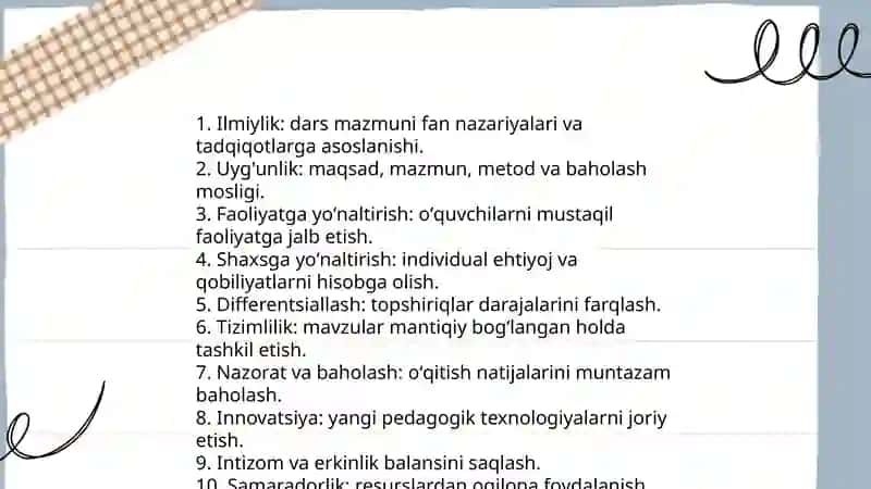 O'qitish jarayonlarini tashkil qilish, darsga bo'lgan talablar dars turlari va tiplari 3
