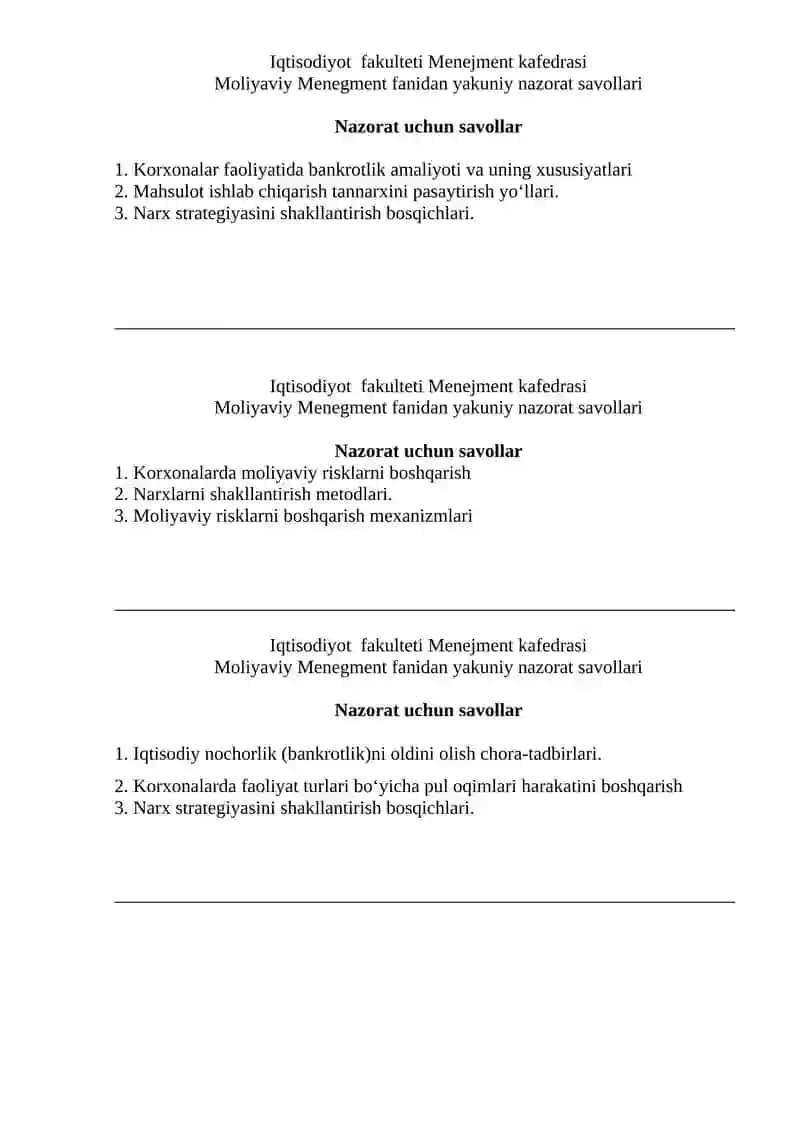 Moliyaviy Menegment fanidan yakuniy nazorat savollari 3