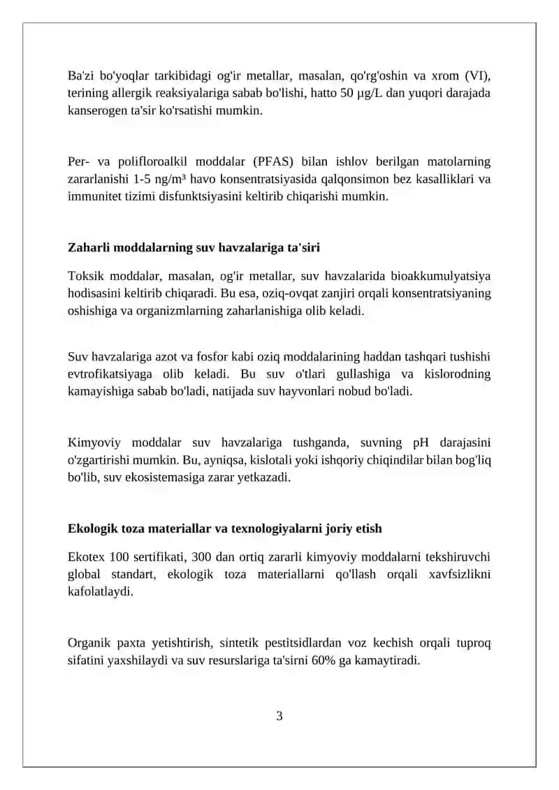 Tikuvchilik sanoatida texnologik jarayonlarni kimyoviy usulda amalga oshirishning ekologik muammolari 3