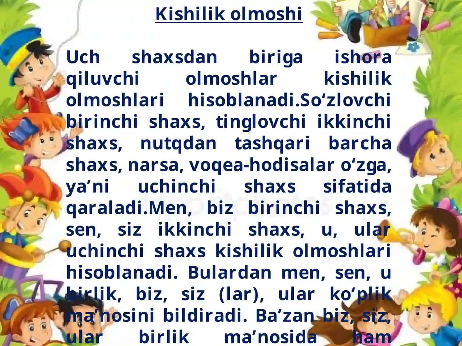 4-sinf Ona tili dars ishlanma. Kishilik olmoshlarining gap bo'laklari vazifasida qo'llanilishi 3