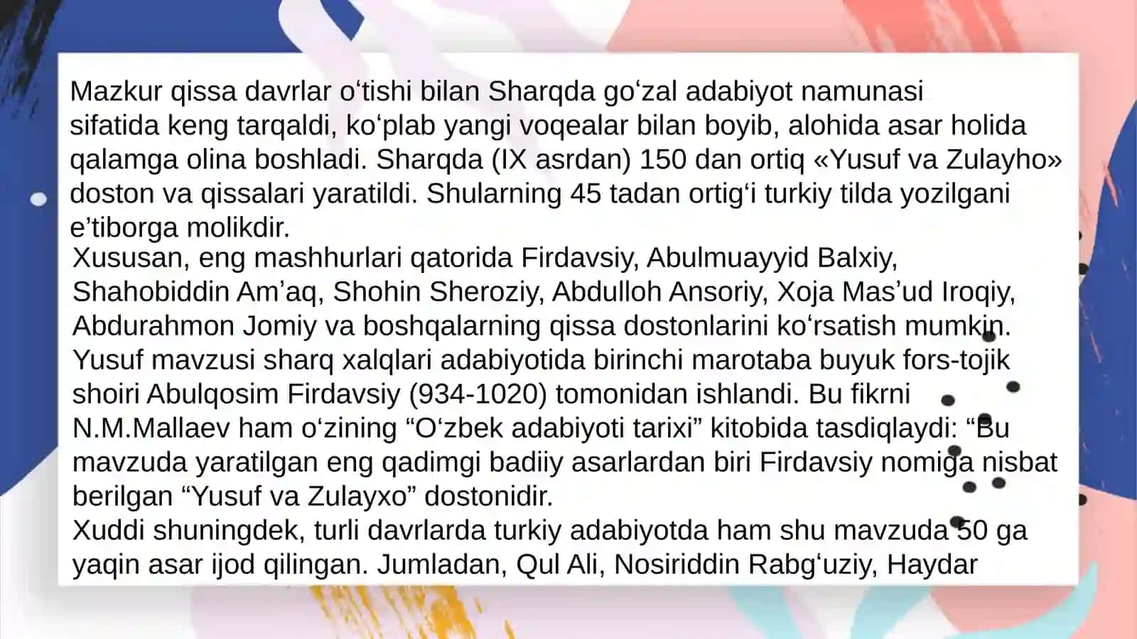 Yusuf va Zulayho dostoni bo'yicha qilingan tadqiqotlat 3