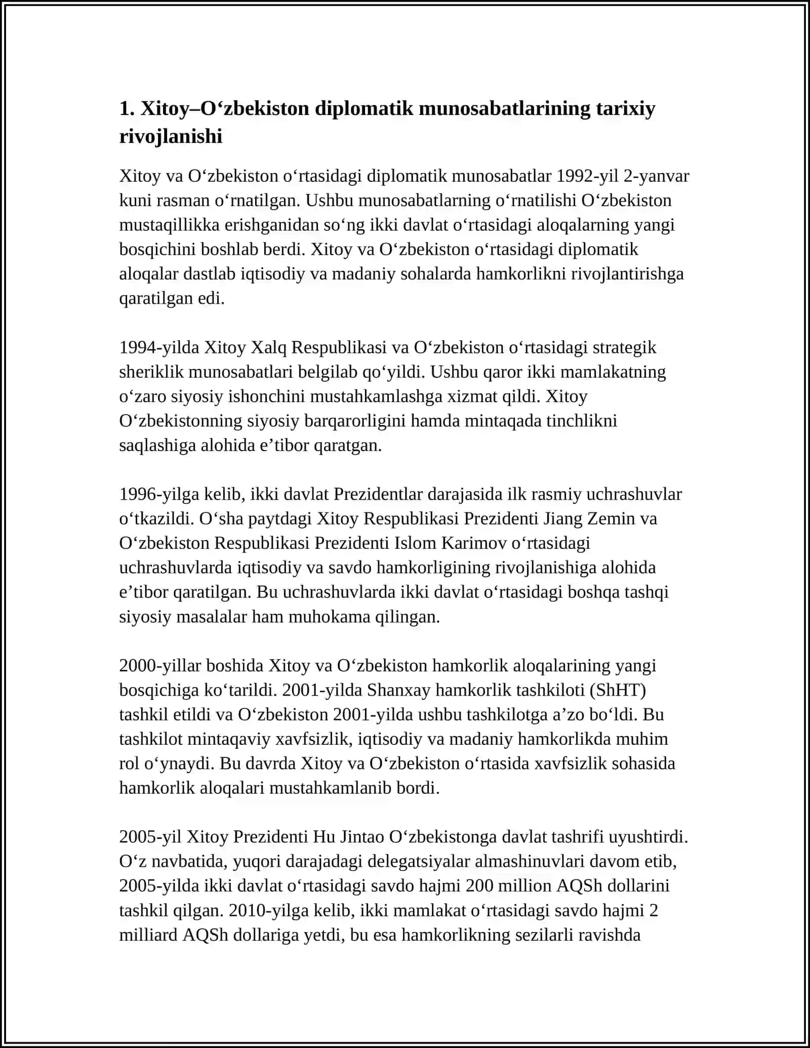 XITOY XALQ RESPUBLIKASI VA OʻZBEKISTON HAMKORLIK MUNOSABATLARINI TAHLILIY OʻRGANISH REFERAT 3