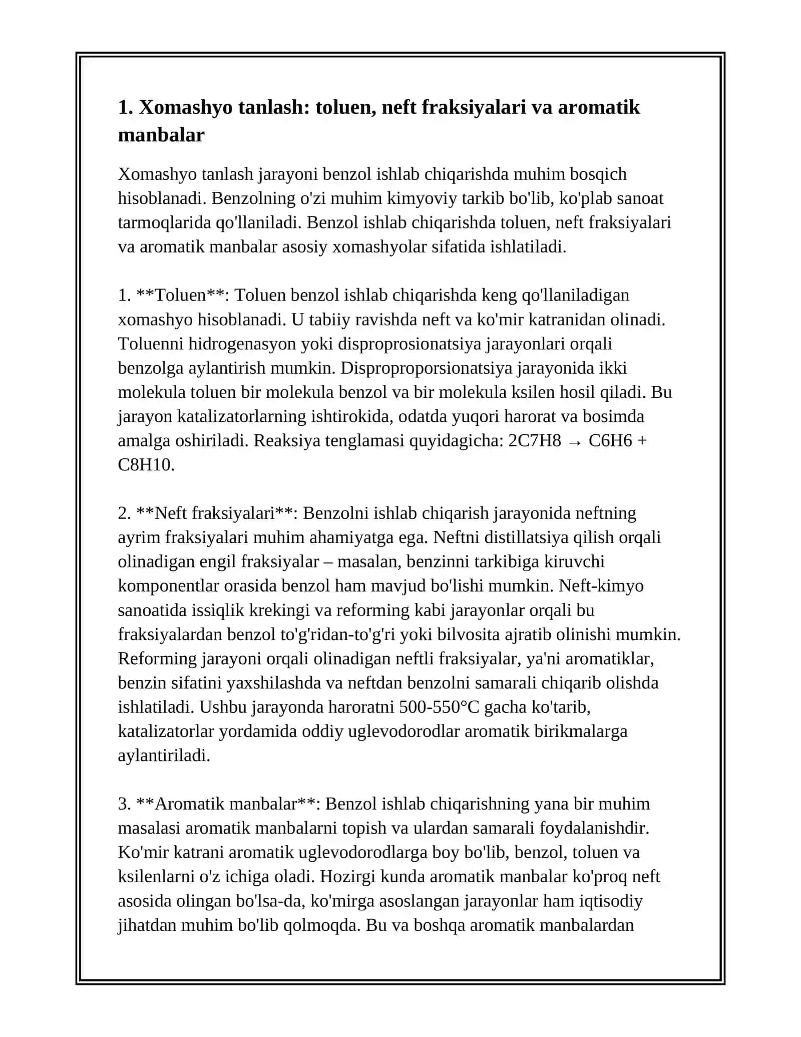 BENZOL ISHLAB CHIQARISH JARAYONINING TEXNOLOGIK SXEMASI 3
