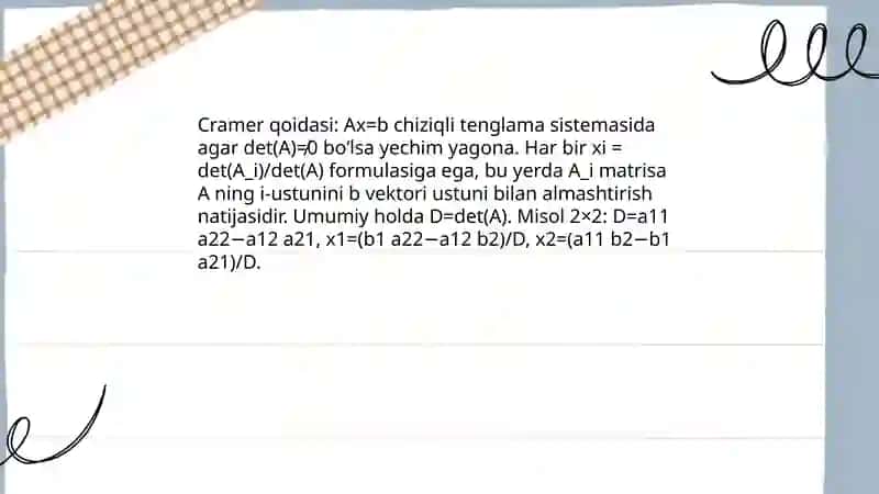 Chiziqli tenglamalar sistemasini Kramer usulda yechish 3