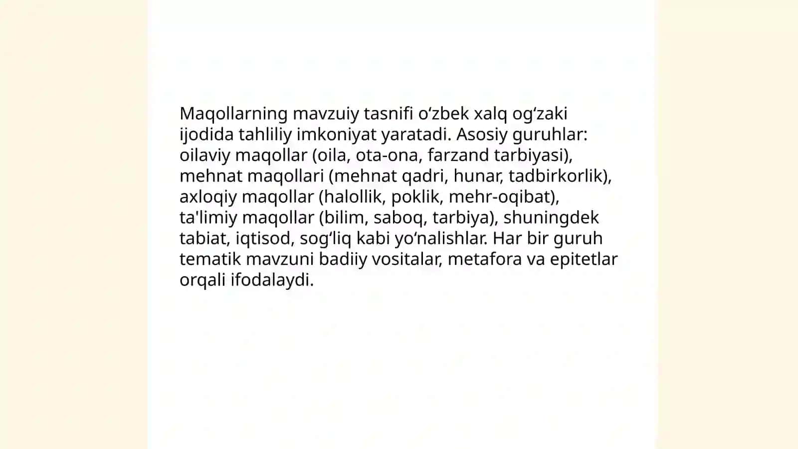 O'zbek xalq maqollari tematikasi va badiiy xususiyatlari 3