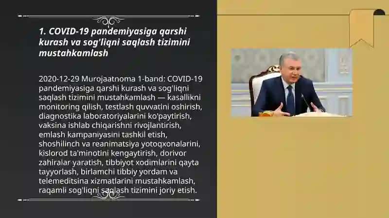 O'zbekiston Respublikasi Prezidenti Shavkat Mirziyoyevning 2020-yil29-dekabrdagi Oliy Majlisga Murojaatnomasidagi ko'rilgan ustuvor masalalari 3