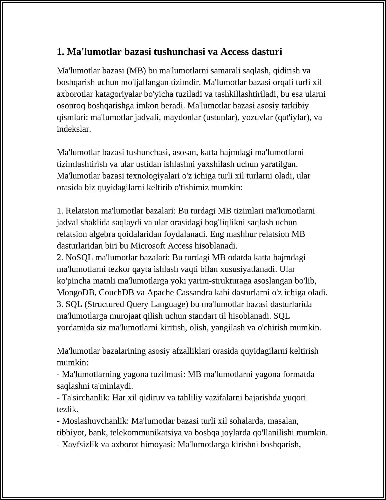 MBBT ACCESS DASTURIDA SO'ROV VA HISOBOTLAR TAYYORLASH 3