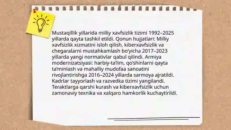 Mustaqillik yillarida Oʻzbekistonda milliy havsizlikni ta’minlash borasida amalga oshirilayotgan ishlar 3