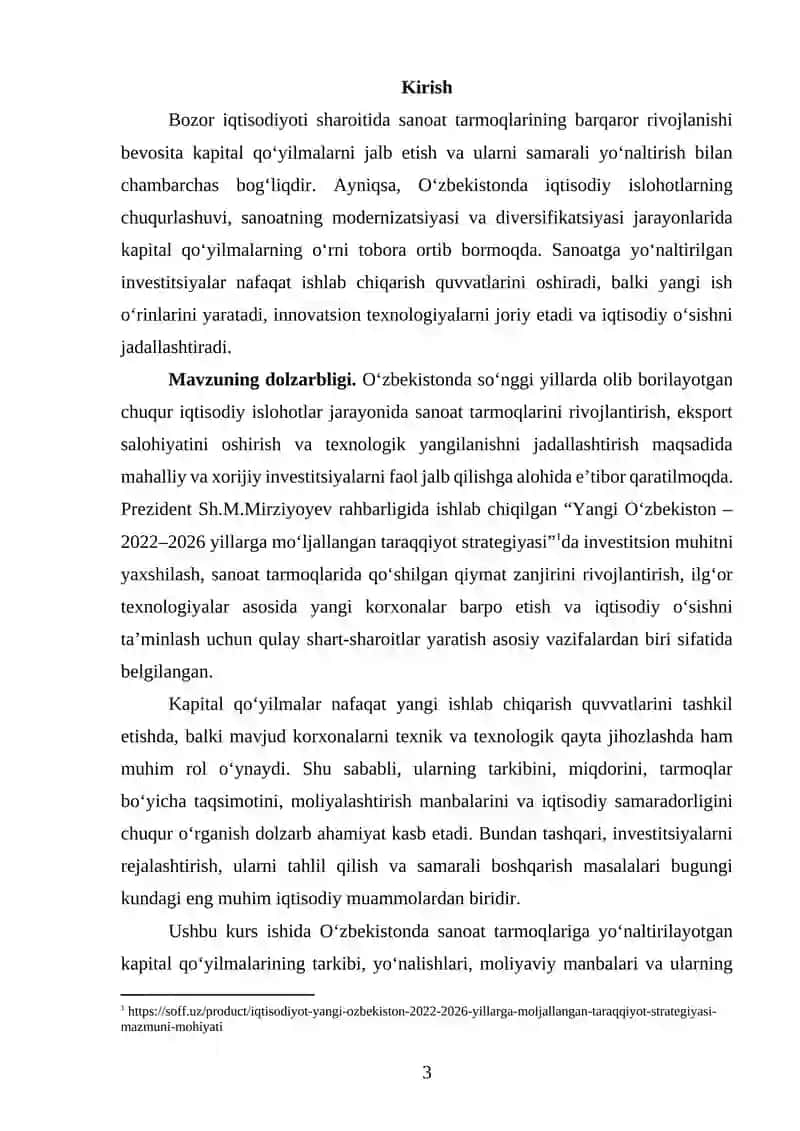 “O‘zbekistonda sanoatda kapital qo‘yilmalar va ularning asosiy yo‘nalishlari” mavzusida ilmiy ish 3