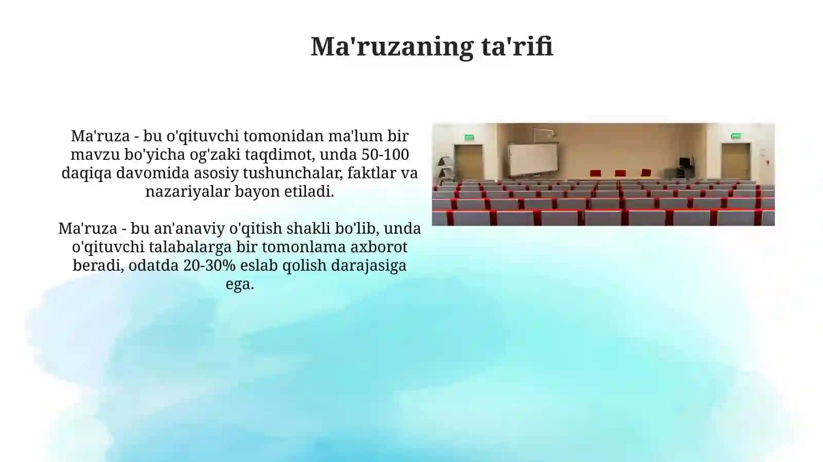 Ma'ruza umumiy va ixtisoslashtirilgan kurslarni oʻqitishning asosiyshaklisifatida 3