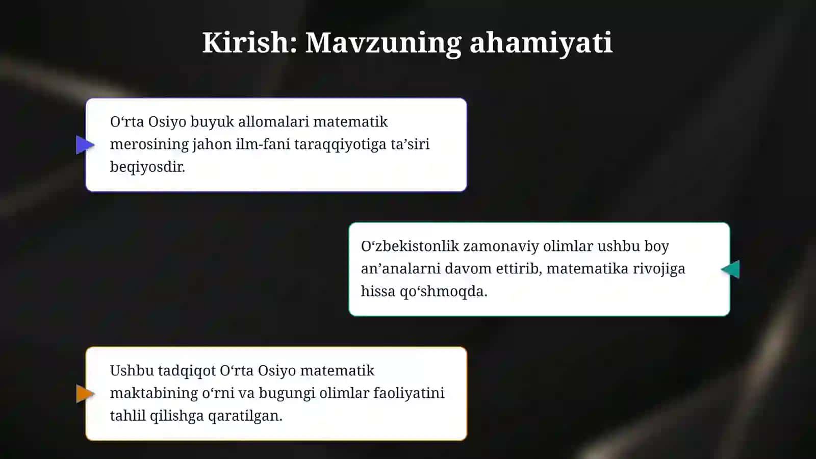 Orta osiyoning buyuk allomalari va Ozbekiston matematik olimlarining matematika rivojiga qoshgan hissasi. 3