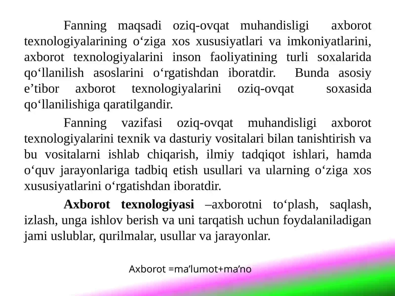 AXBOROT TEXNOLOGIYALARI FANIGAKIRISH 3