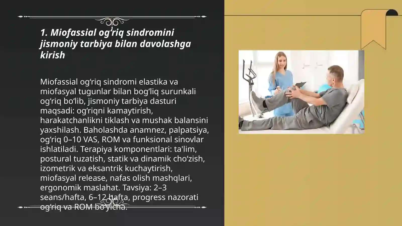 Miofassial og‘riq sindromlarini davolovchi jismoniy tarbiyabilan davolash 3