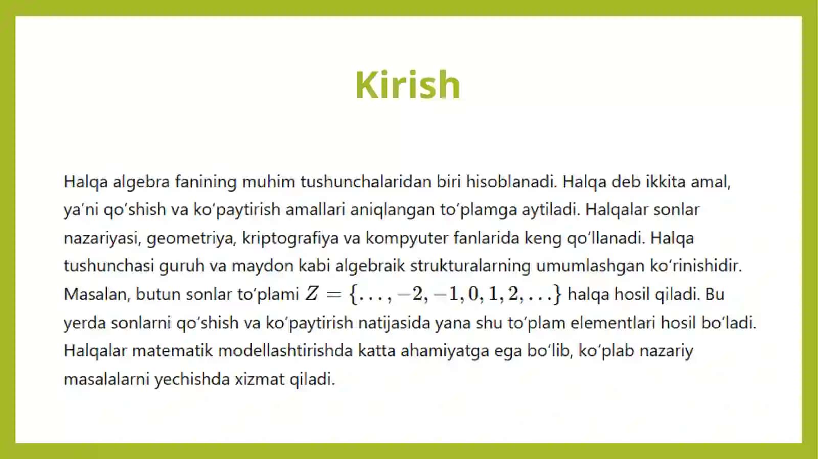 Halqa tushunchasi. Halqa turlari. Qism-halqa. Faktor halqalar. 3