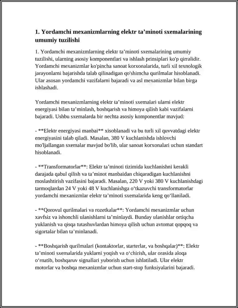 YORDAMCHI MEXANIZMLARNING ELEKTR USKUNALARI. ELEKTR TA’MINOTI SXEMALARI 3