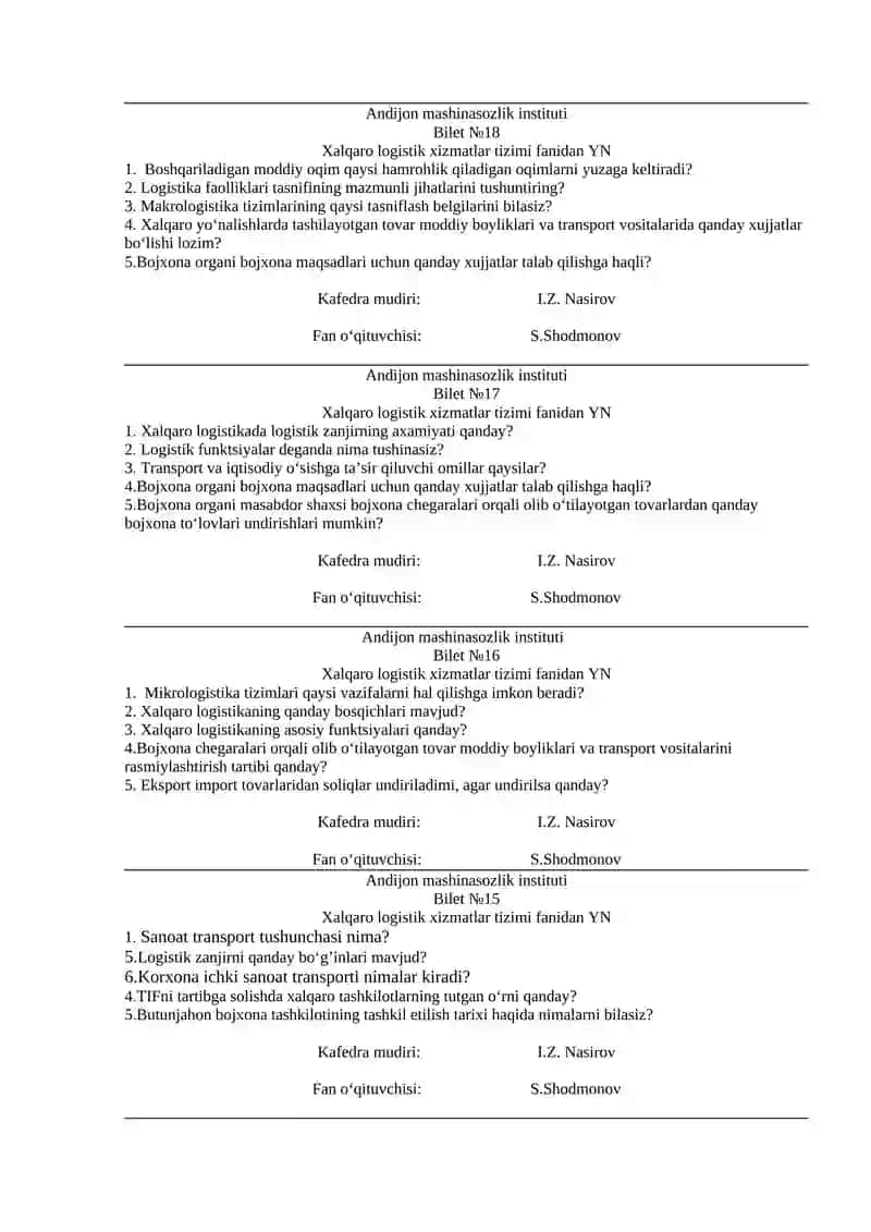 Xalqaro logistik xizmatlar tizimi fanidan YN 3