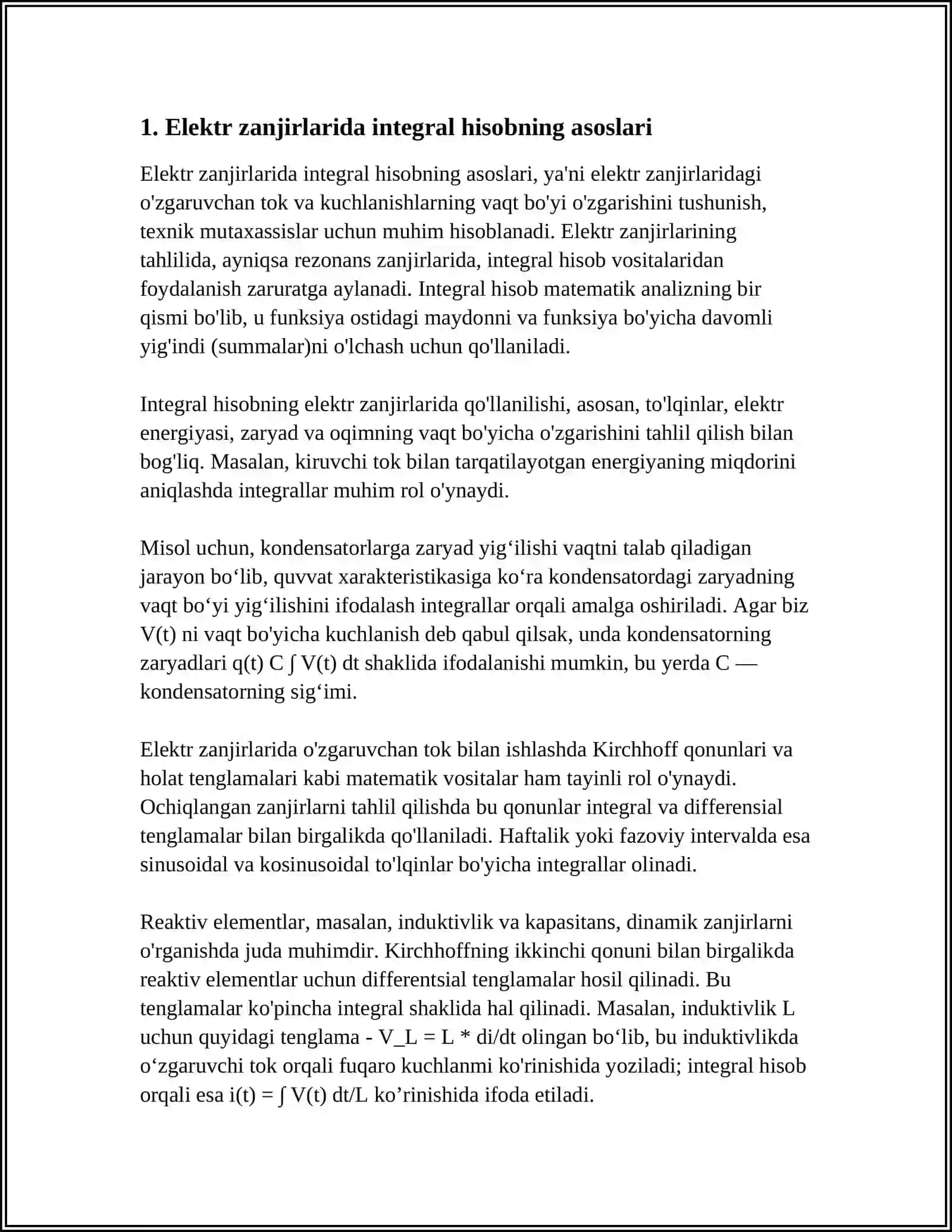 ELEKTR ZANJIRLAR TAHLILIDA INTERGAL HISOB TATBIQLARI 3