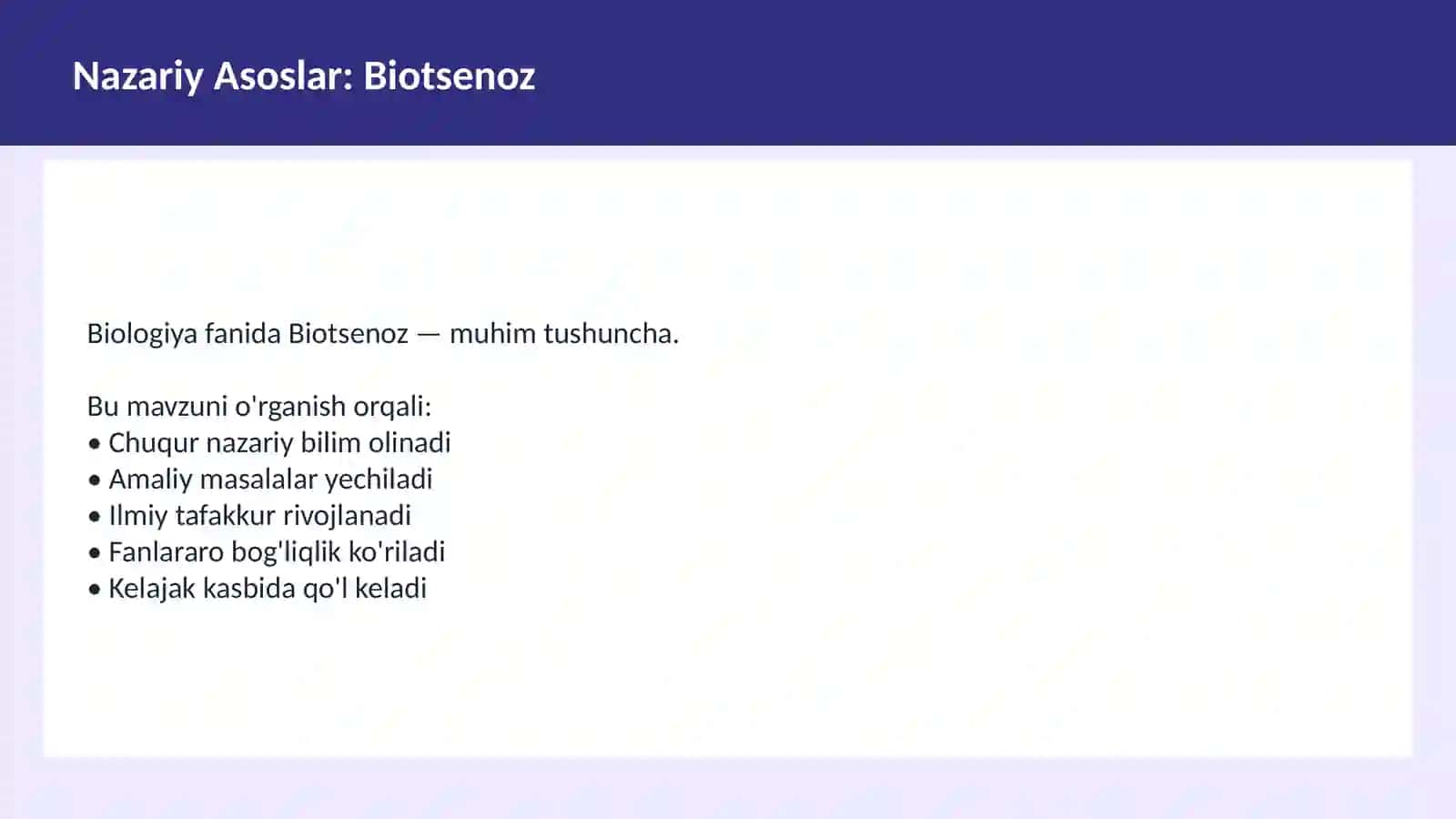 Ekologiya O'qituvchilar va talabalar uchun dars ishlanma 3