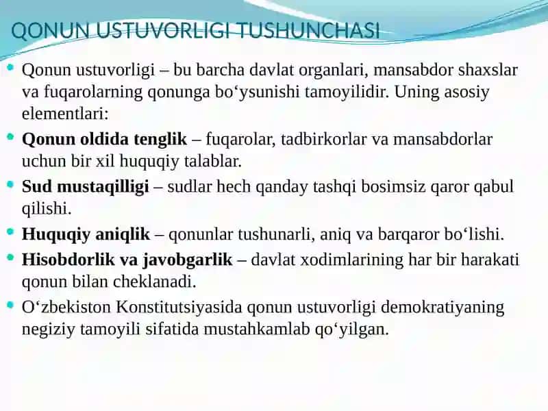 O‘zbekistonda qonun ustuvorligini ta’minlashning demokratik asoslari.Korrupsiya va unga qarshi kurashning mazmun-mohiyati 3