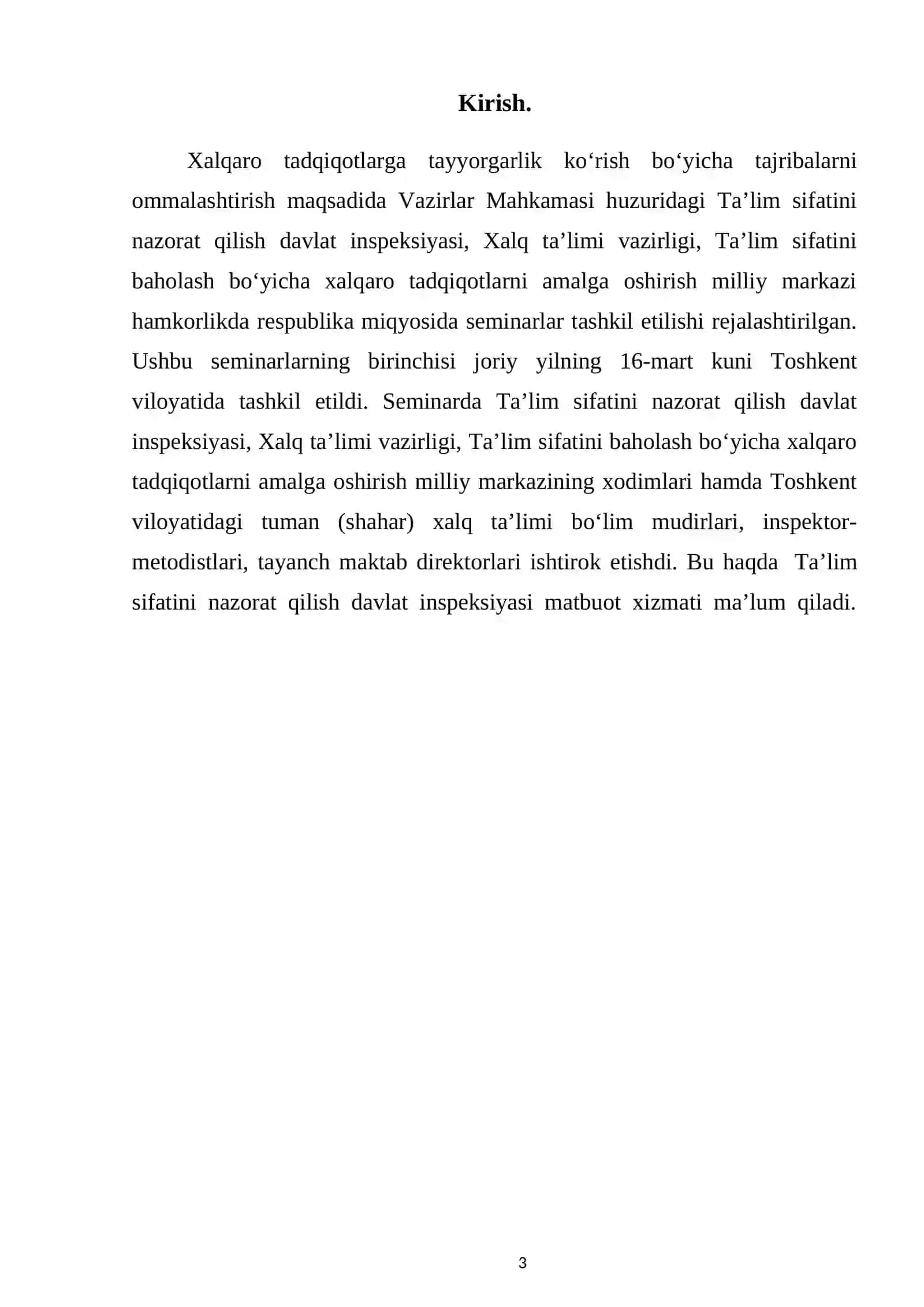 Boshlang'ich sinflarda xalqaro baholash dasturiga ko’ra matn va matematik savodhonlik ustida ishlash tajribasi 3