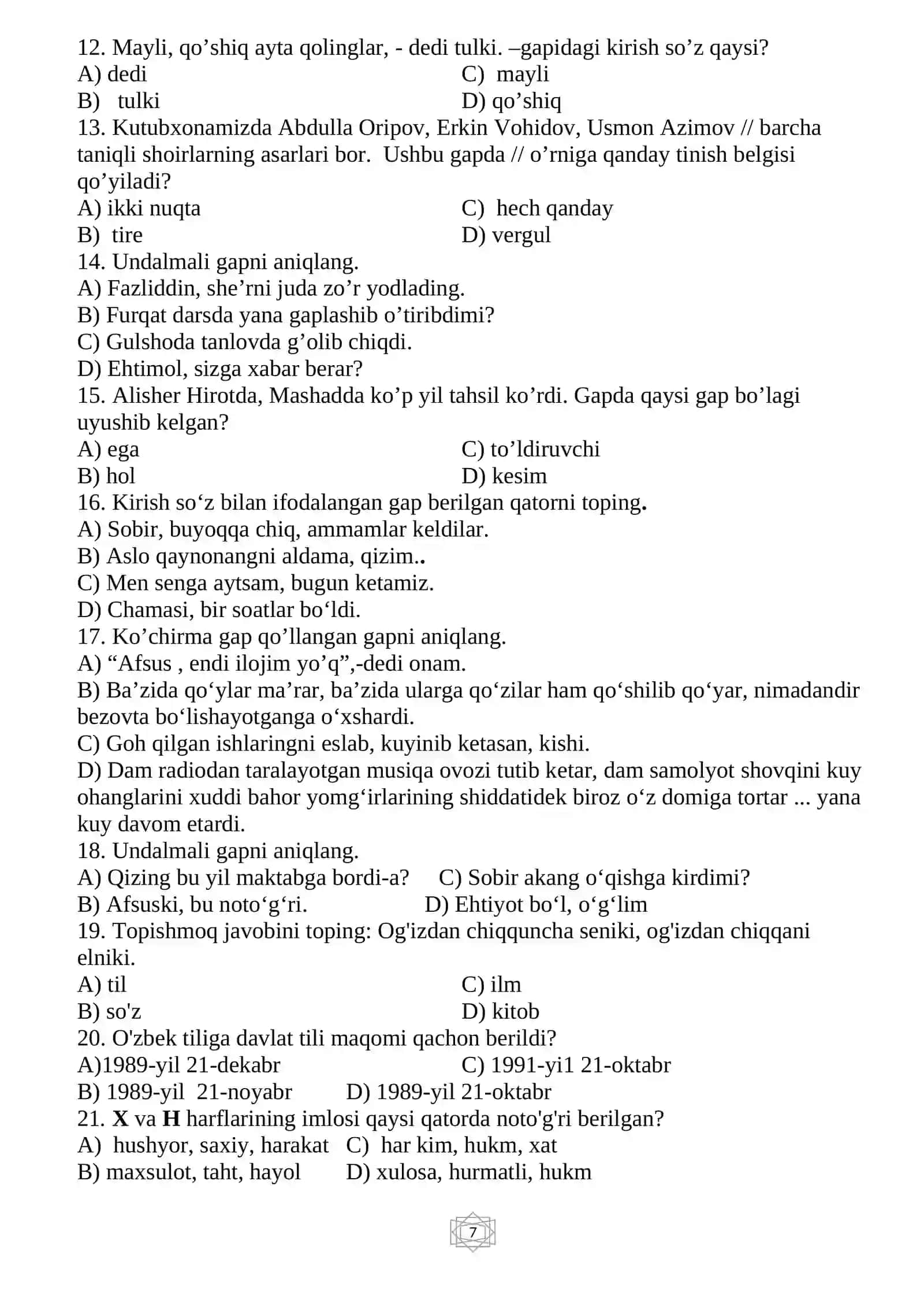 ONA TILIDAN test-sinov topshiriqlari 5-sinf uchun 3