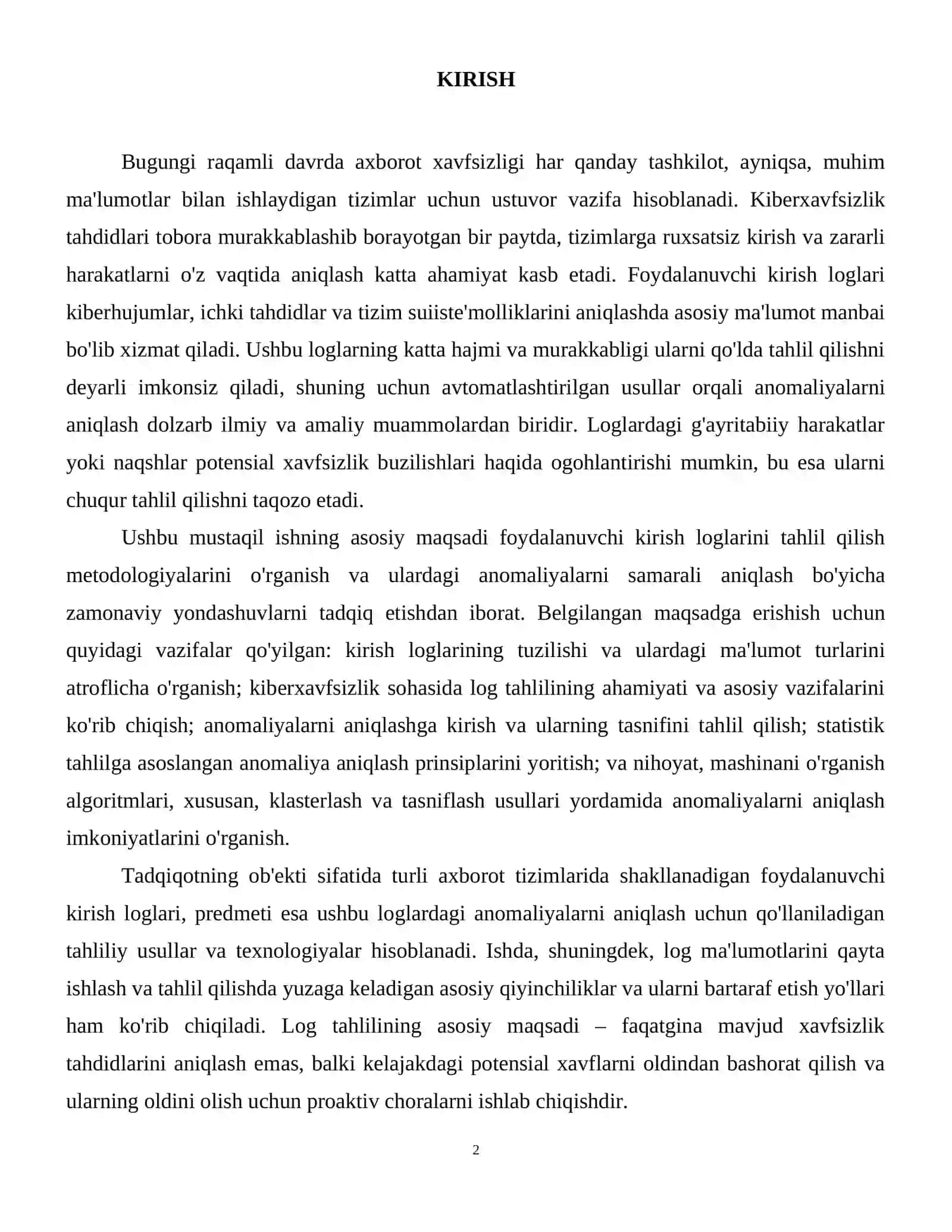 Foydalanuvchi kirish loglarini tahlil qilish va anomaliyalarni aniqlash. 3