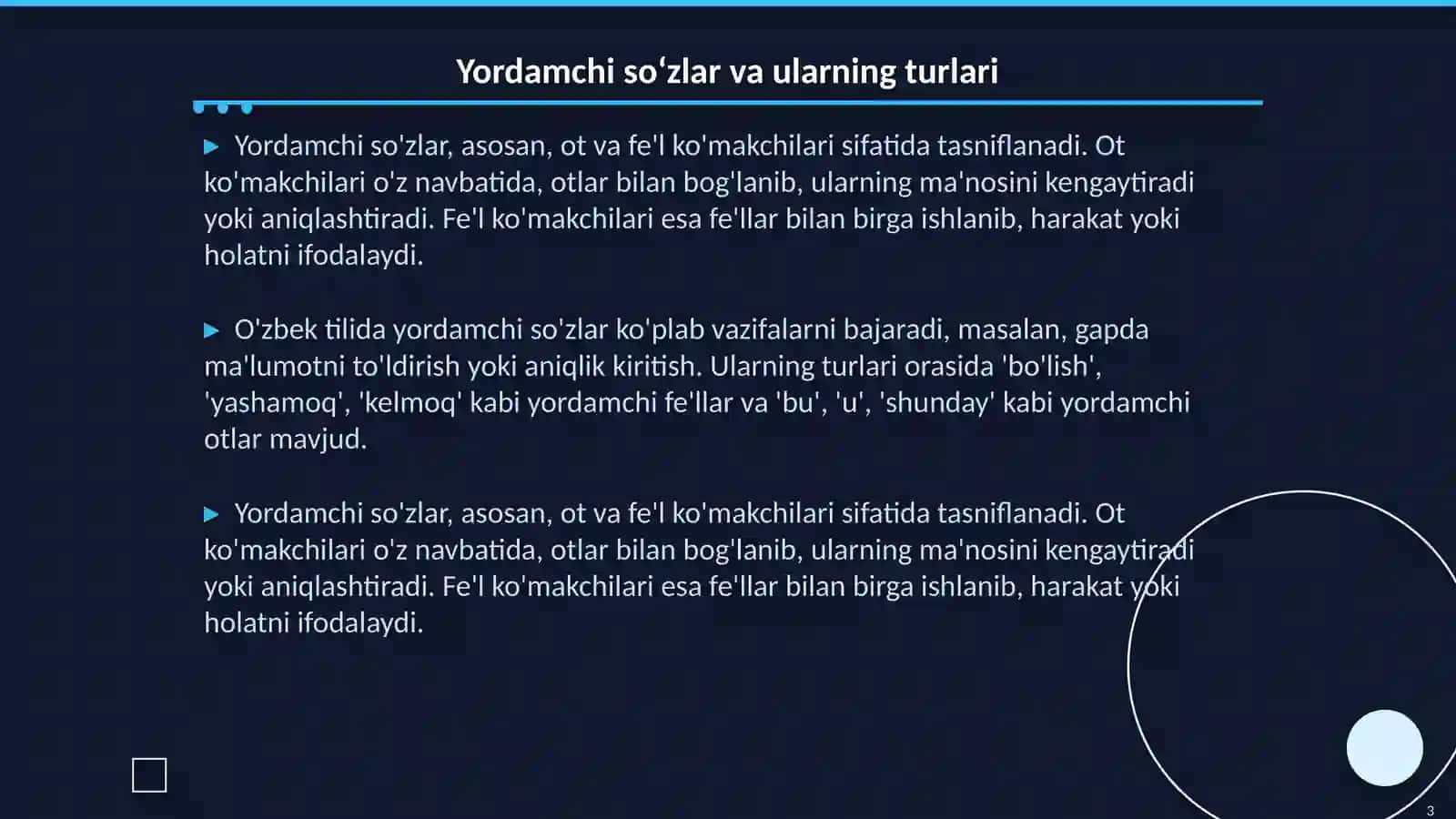 Yordamchi soʻzlar. Ko'makchilar. Ularning grammatik xususiyati, ot ko'makchilar, fe'l ko'makchilar. Ko'makchilar va kelishik qo'shimchalari 3