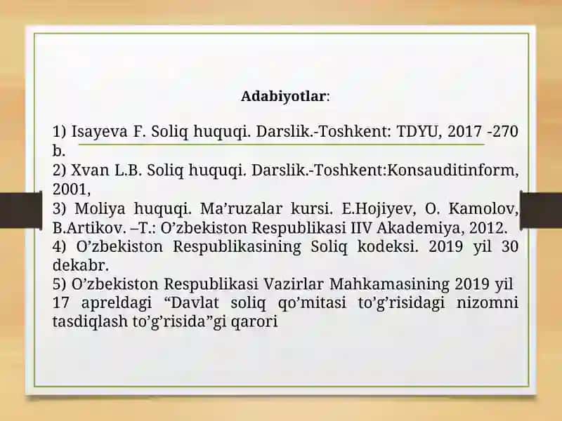 SOLIQ SOLISHNING SODDALASHTIRILGAN TIZIMI VASOLIQ TO‘LOVCHILARNING AYRIM TOIFALARIGA SOLIQ SOLISHNINGO‘ZIGA XOS XUSUSIYATLARI 3