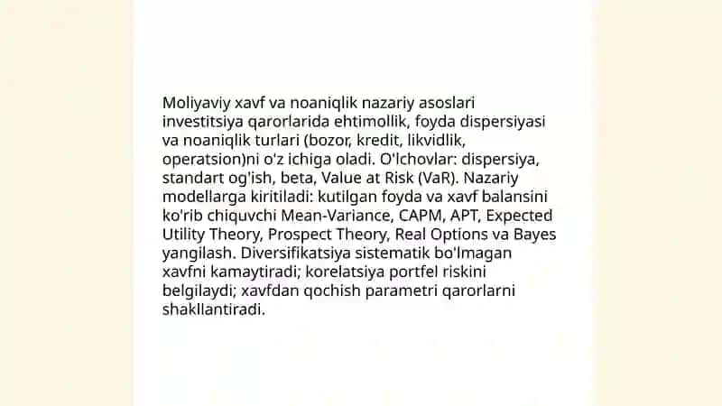 Moliyaviy hatarlar va noaniqlik sharoitida investitsiya qarorlarini qabul qilishning modellari 3
