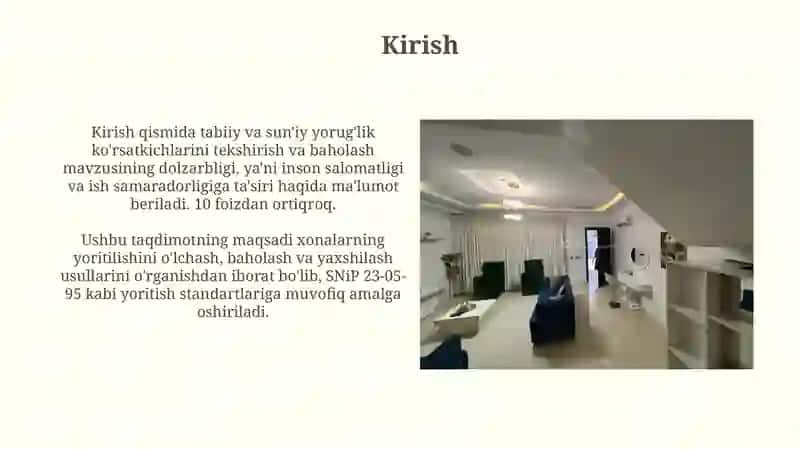 Xonalarning tabiiy va sun’iy yoritilganlik ko‘rsatkichlarini tekshirish va baholash 3
