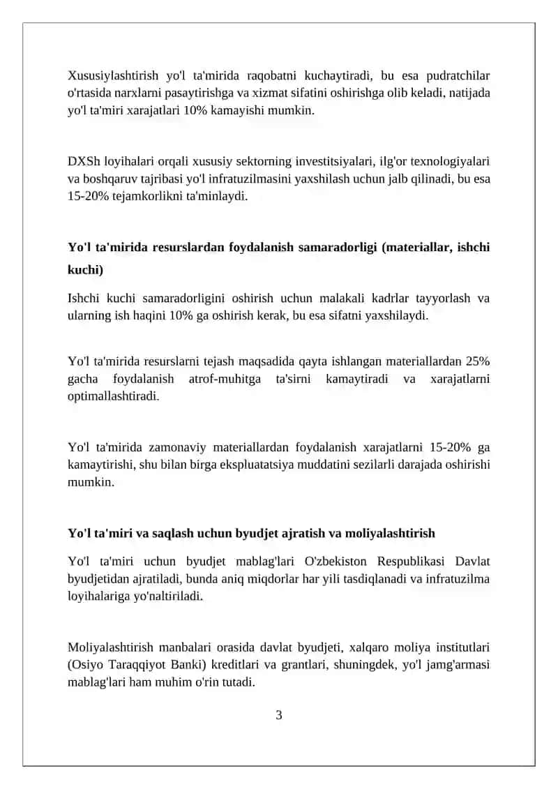 Avtomobil yoʻllari saqlash va tamirlashda iqtisodiy samaradorlig 3