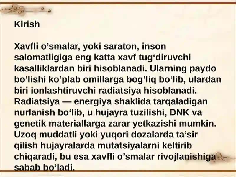 Xavfli o’smalarning paydo bo’lishida radiatsiyaning ta’siri 3