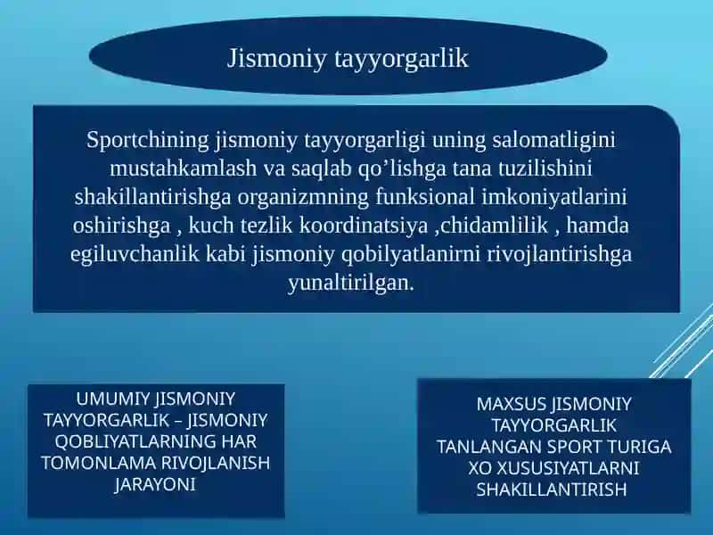 Mashg’ulotlar jarayonida sportchilarni tayyorgarligining asosiy bo’limlari (jismoniy, texnik, taktik, psixologik) 3