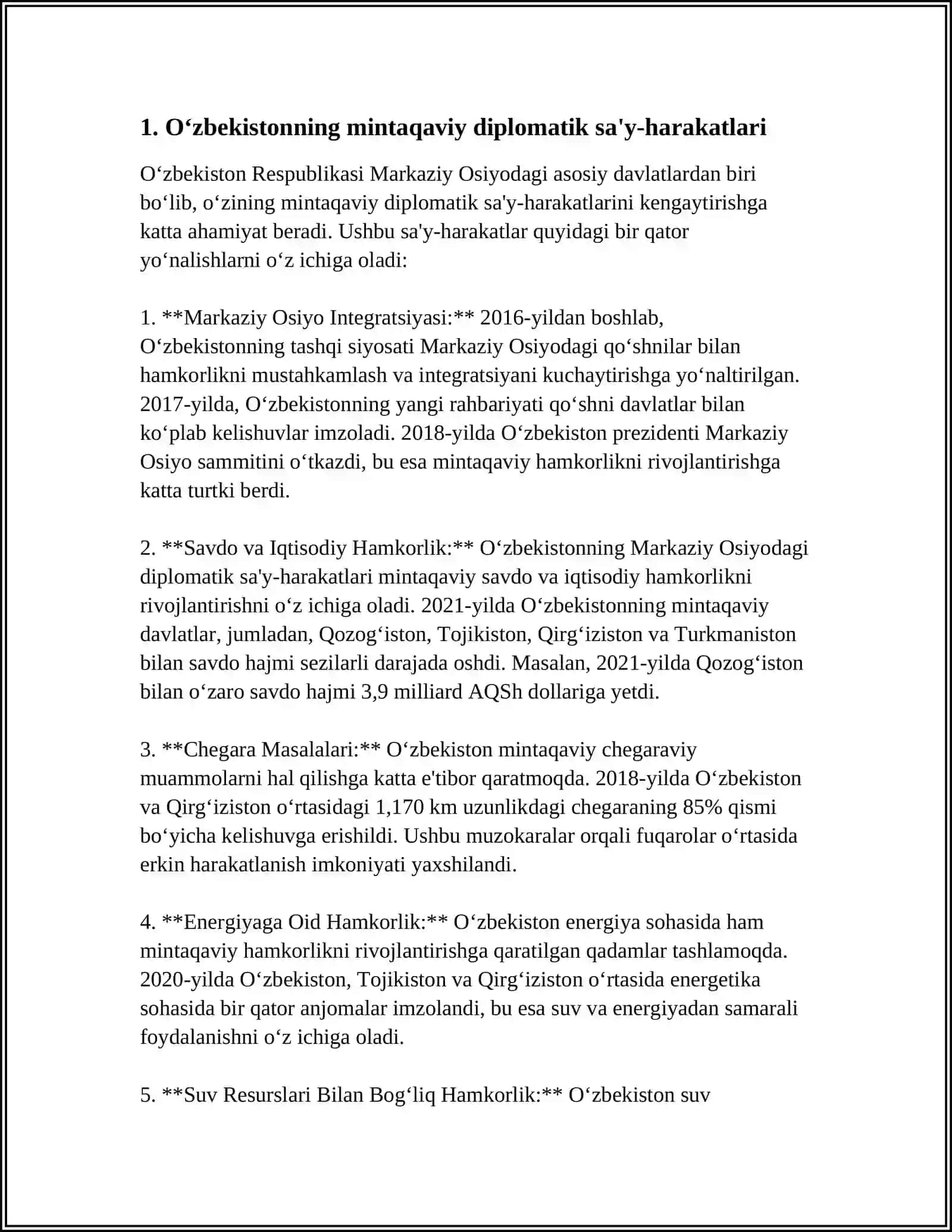 O‘ZBEKISTONNING MARKAZIY OSIYODA TINCHLIK VA BARQARORLIKNI TAMINLASHDAGI O’RNI 3