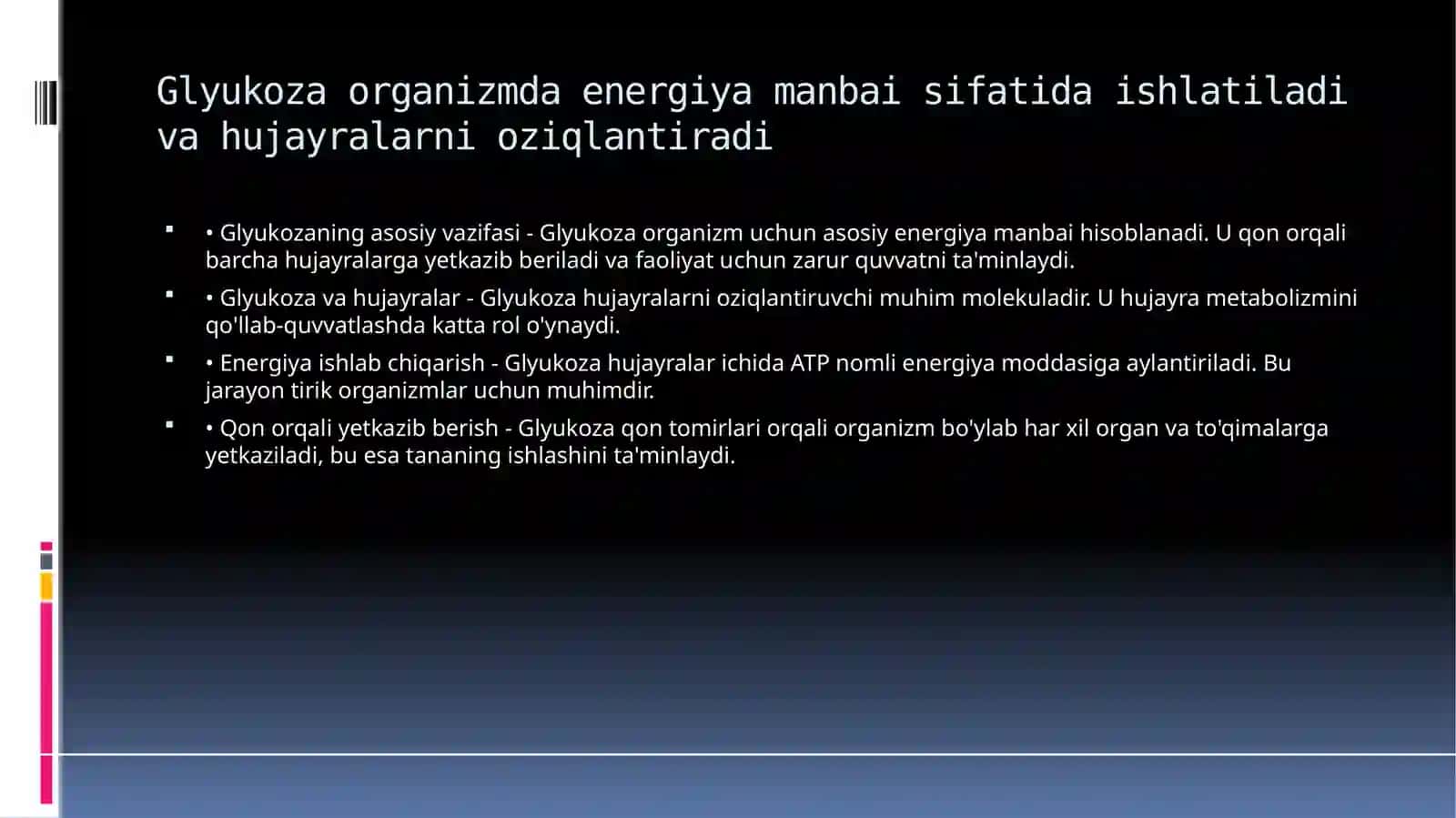 Karbonsuvlar almashinuvi. Glyukozaning organizmda sarflanish yo‘llari. Glikogen almashinuvi 3