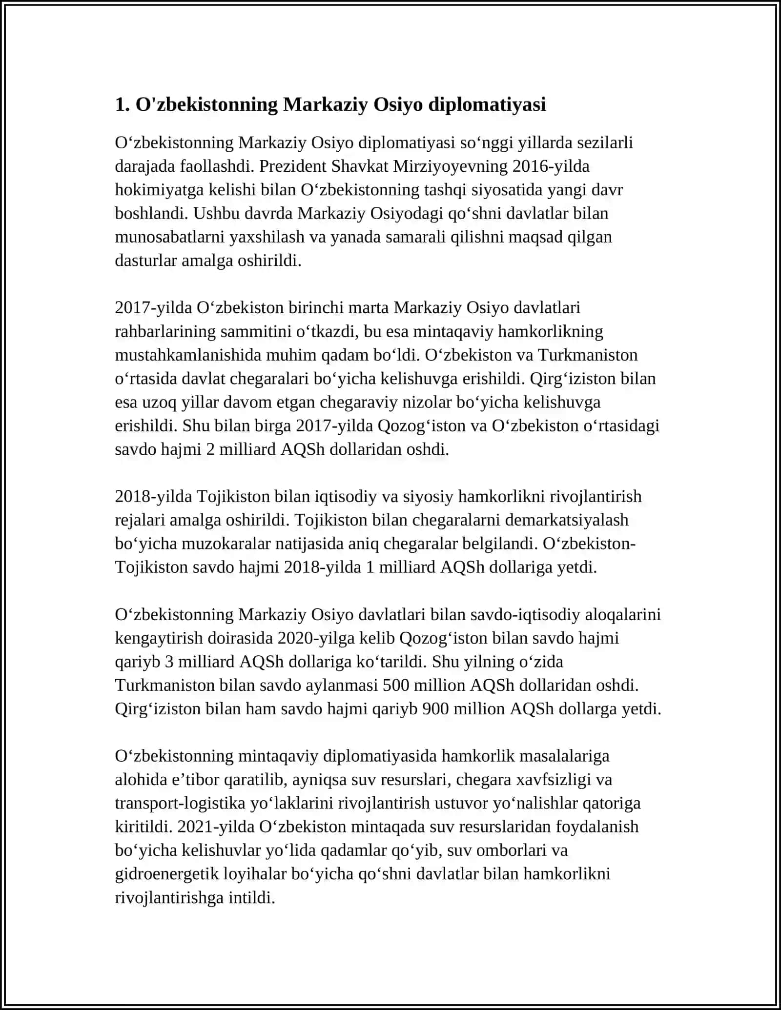 O'ZBEKISTONNING MARKAZIY OSIYODA TINCHLIK VA BARQARORLIKNI TA'MINLASHDAGI O'RNI 3