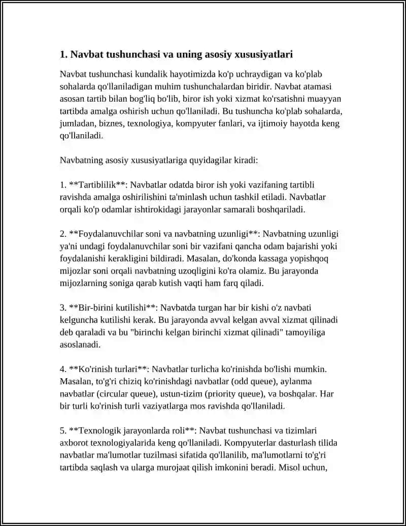 NAVBAT.NAVBATNI MASSIV YORDAMIDA TASVIRLASH VA ULAR USTIDA AMAL BAJARISH ALGORITMLARI 3