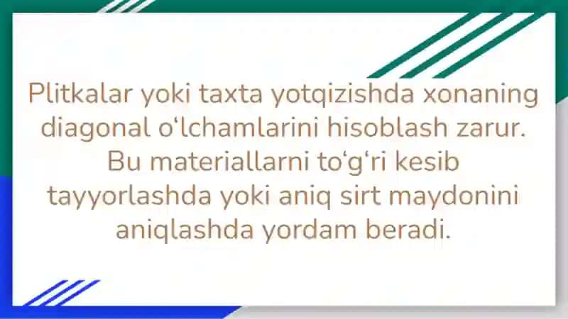Uyni ta'mirlash va dizayn loyixasini tayyorlashda pifagor teoremasi. 3