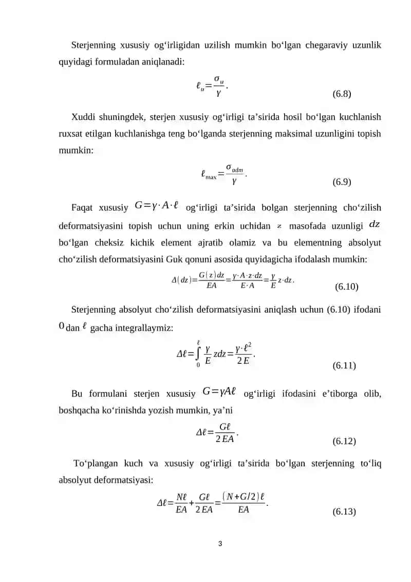 VI-Mavzu. Cho‘zilish va siqilish deformatsiyalarida xususiy og‘irlikni hisobga olish 3