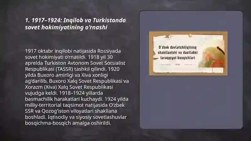 Oʻzbek davlatchiligining shakllanishi va taraqqiyoti bosqichlari(sovet davridagi ijtimoiy va iqtisodiy,siyosiy vaziyatlar) 3