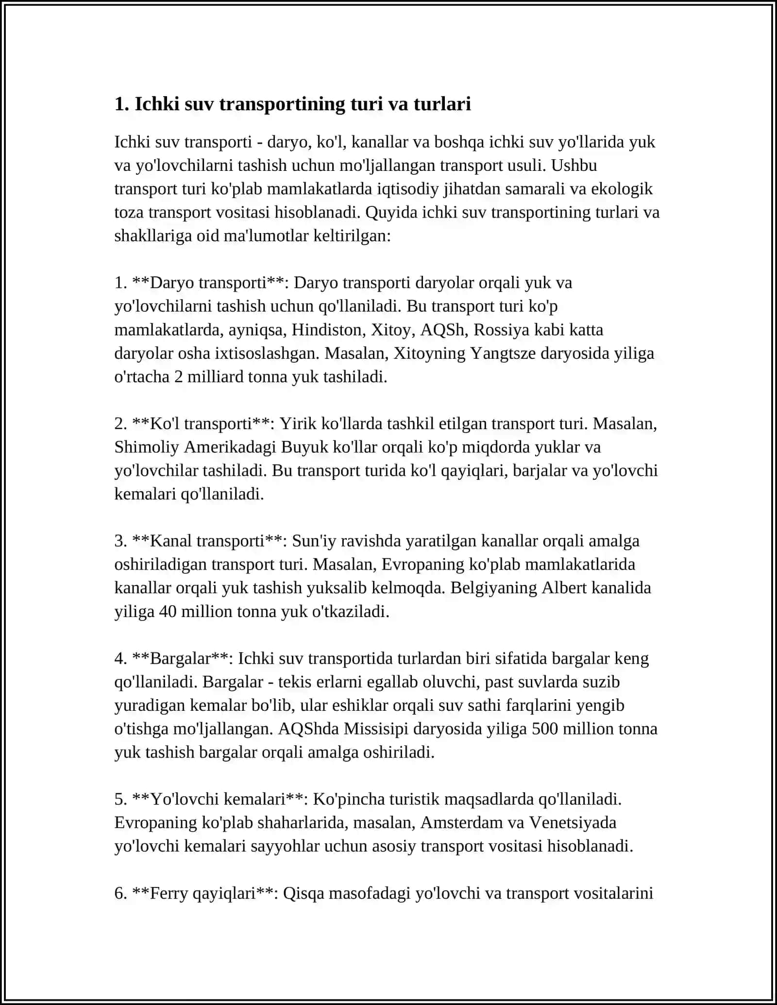 ICHKI SUV TRANSPORT UNING OʻZIGA XOS XUSUSIYATLARI VA ASOSIY KOʻRSATKICHLARI 3