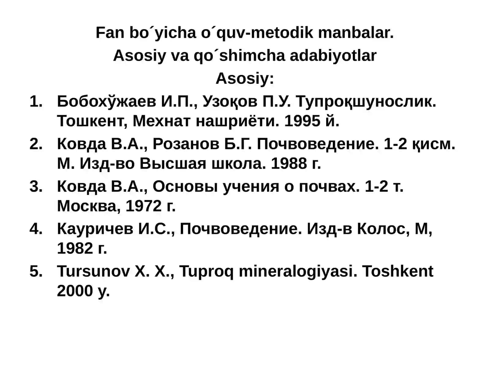 ТУПРОҚ ГЕНЕЗИСИ, КЛАССИФИКАЦИЯСИ, ТУПРОҚ ГЕОГРАФИЯСИ, ТУПРОҚЛАРНИ ТАРҚАЛИШ ҚОНУНИЯТЛАРИ 3