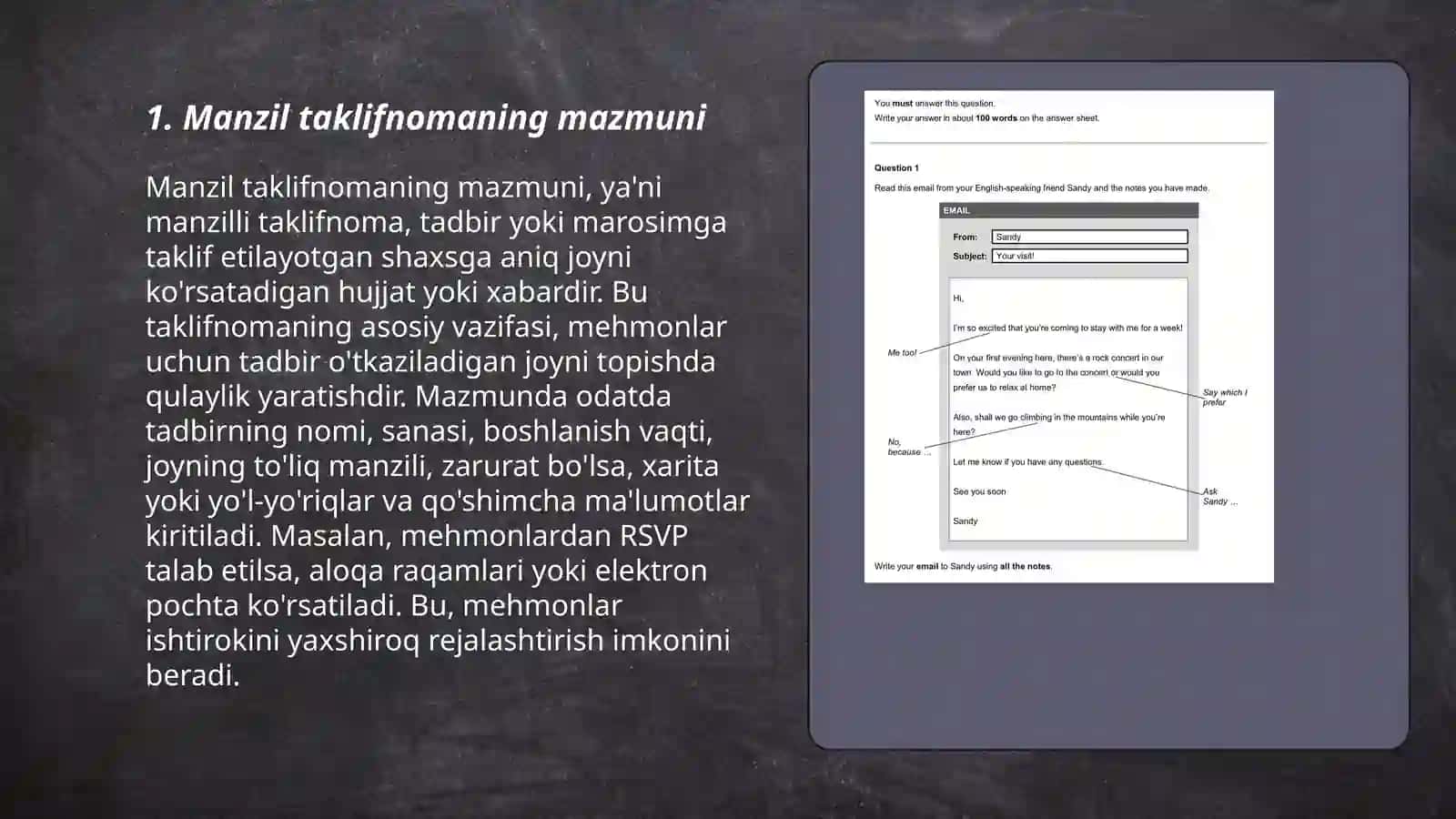 Manzil taklifnoma, telegramma, telefonogrammaning yozilish tartibi 3