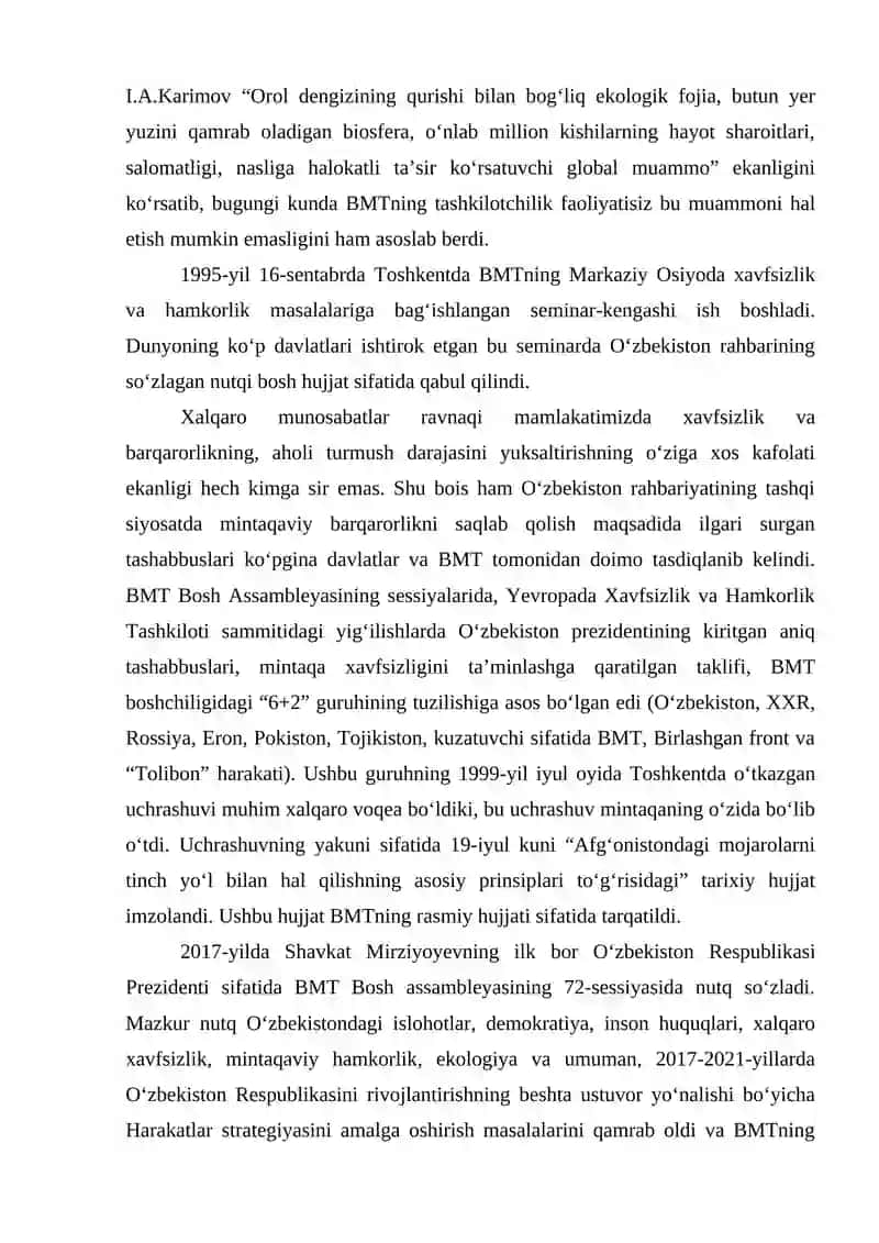 O‘zbekiston Respublikasining BMTga a’zo bo‘lishi hamda jahon hamjamiyatidagi o‘rni va nufuzining ortib borishi 3