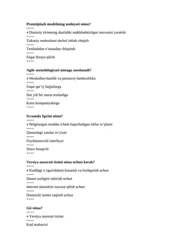 Dasturlash injiniringiga kirish fanidan test savollari 3