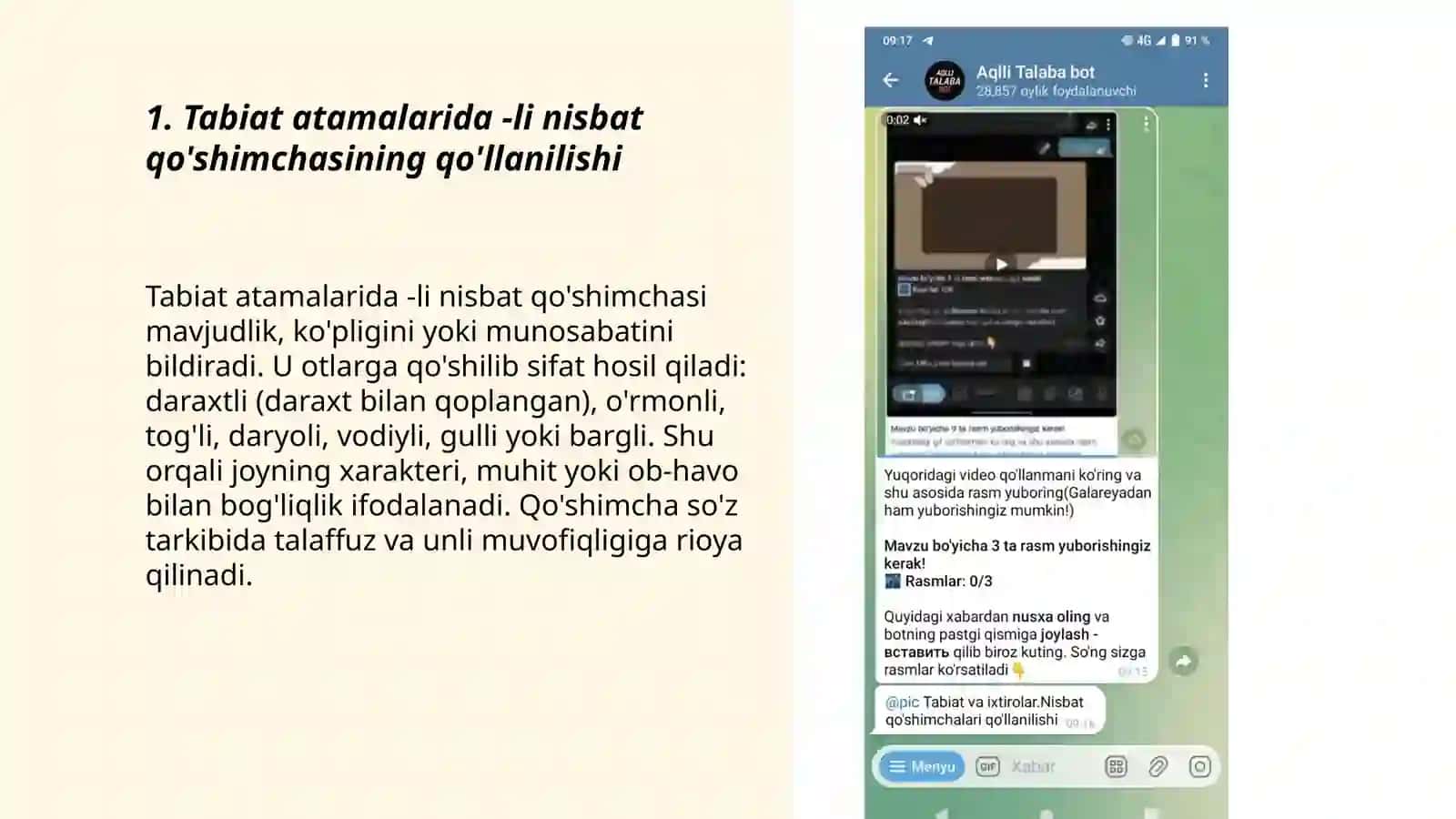 Tabiat va ixtirolar.Nisbat qo'shimchalari qo'llanilishi 3